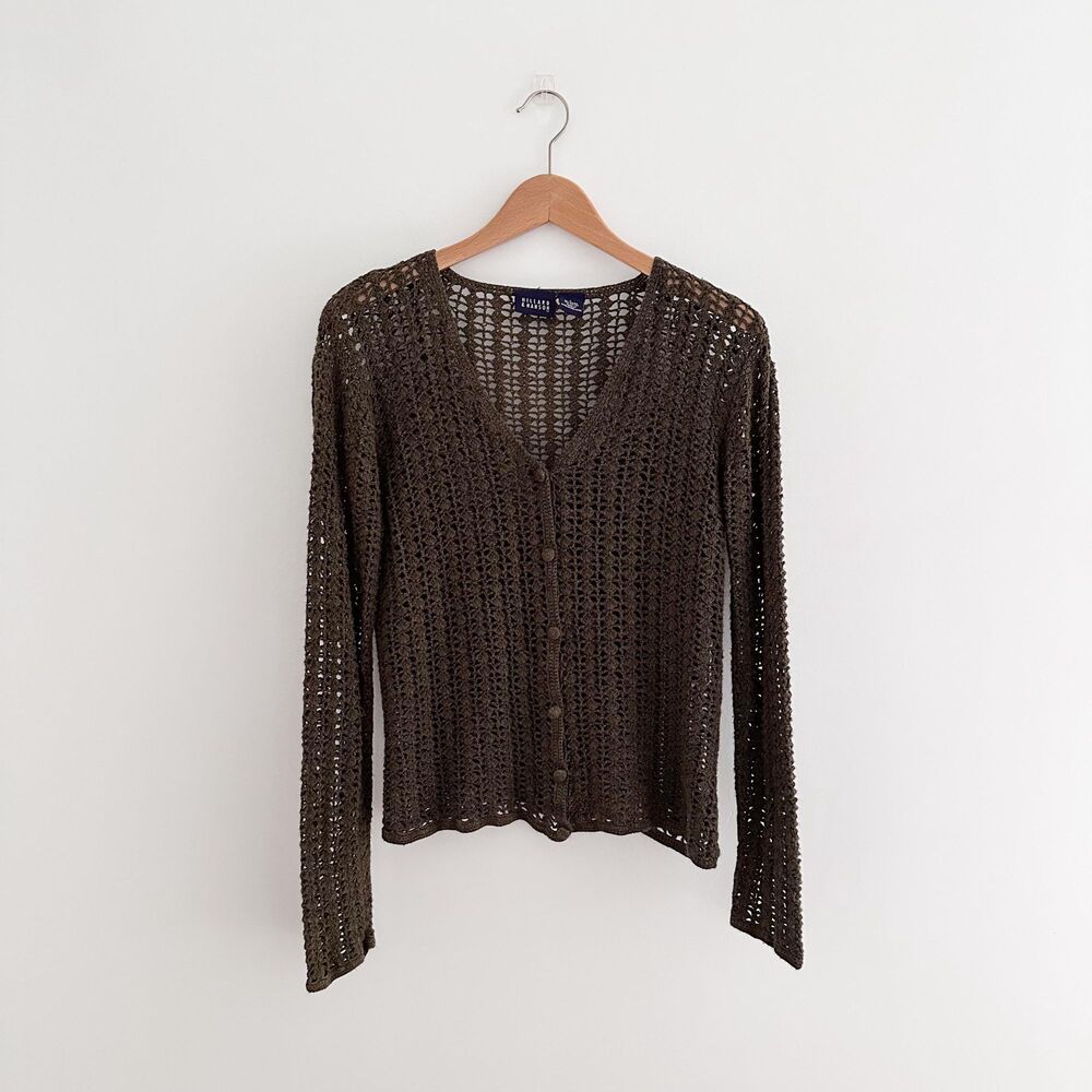 Vintage Hillard & Hansen Open Crochet Knit Cardigan Y2K Button Front V-Neck - L